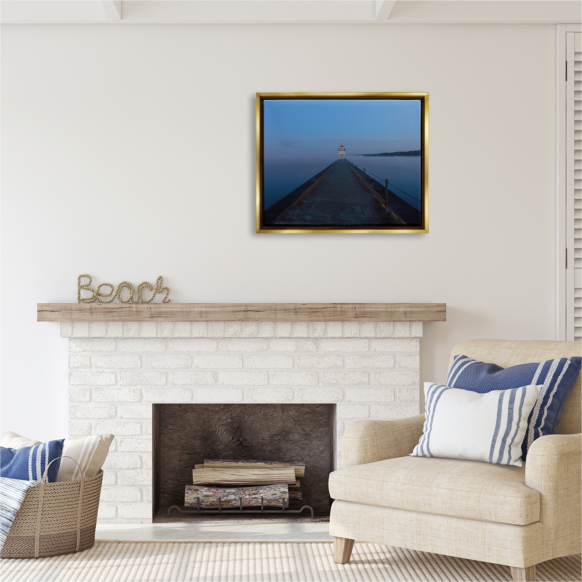 Stupell Industries Lighthouse at Night Landscape Photography Gold Floater Framed Canvas Art Print Wall Art, 31 x 25