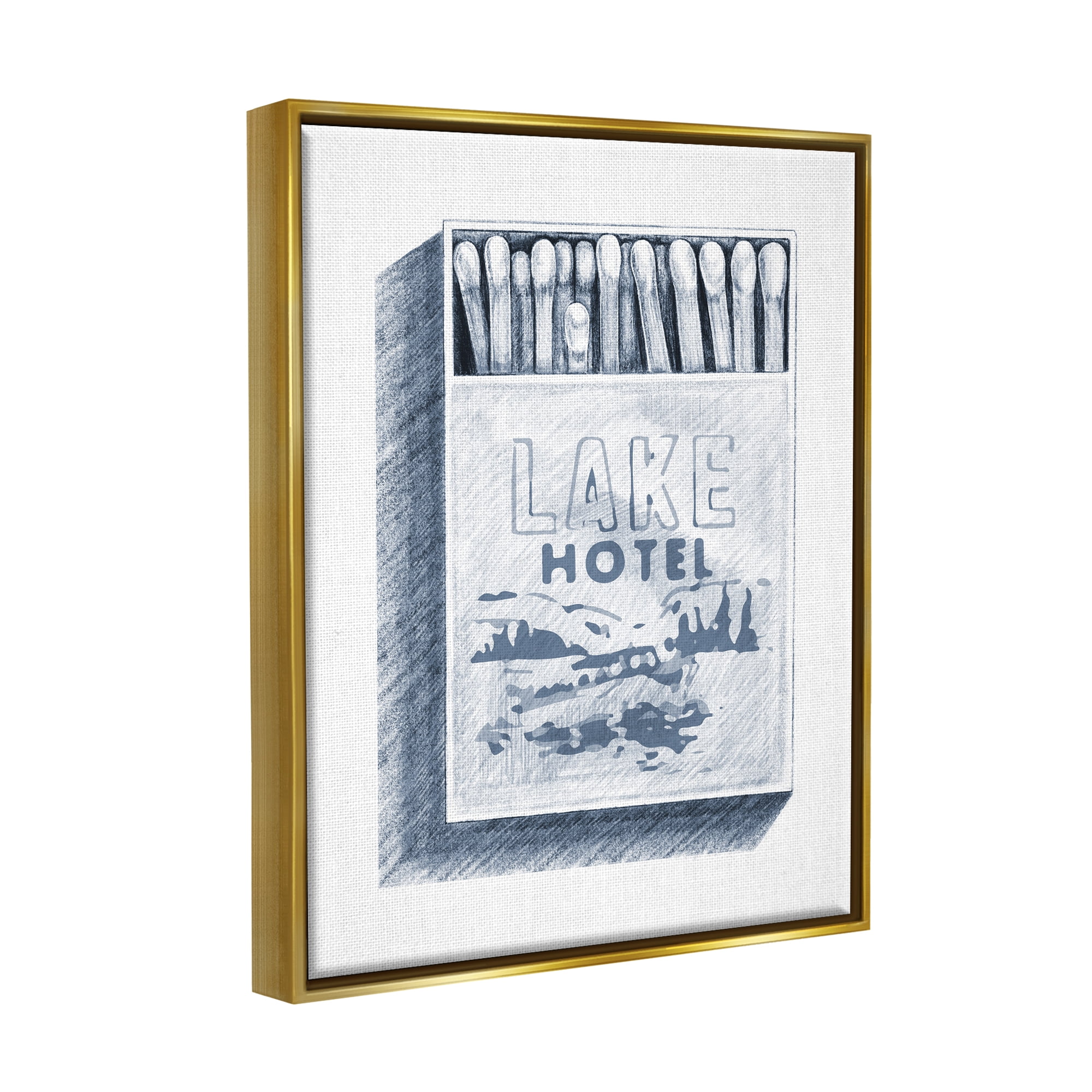 Stupell Industries Lake Hotel Matchbook Drawing Landscape Painting Gold Floater Framed Art Print Wall Art