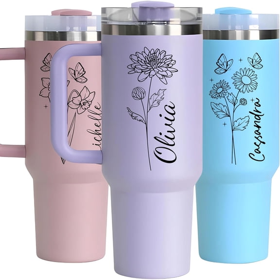 Personalized 40oz Tumbler with Handle and Straw, Custom Tumbler with Name and Birth Month Flower, Stainless Steel Vacuum Insulated Travel Coffee Mug Personalized Gifts for Women, Birthday Gift