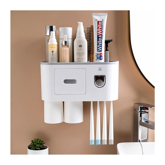 Toothbrush Holder with Toothpaste Dispenser-Multifunctional Wall Mounted Space-Saving Automatic Toothpaste Dispenser Squeezer Kit, 4 Toothbrush Slots,2 Cups and Drawers for Bathroom