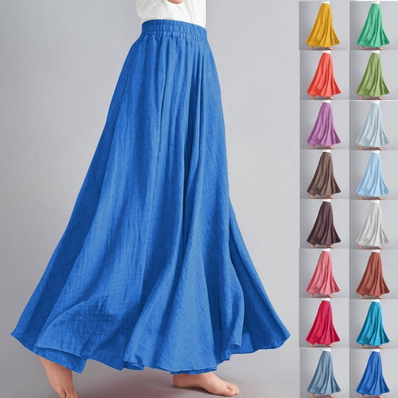 Fengqque Women's Summer Linen Plus Size Boho Maxi Skirt A-Line Flowy Elastic High Waist Beach Long Skirts Women's Skirts Yellow 4(Free Size)