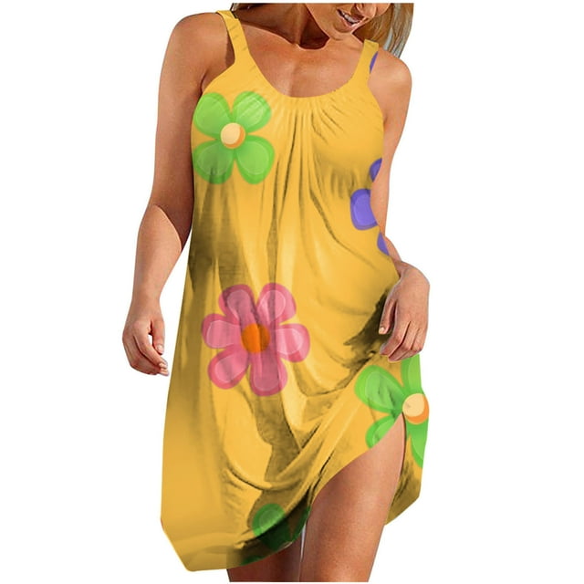Vestidos de Verano Lindos para las Mujeres Que Imprimen Vestido de Sol Suelto con Cuello en V, sin Mangas con Bolsillos para el Uso Informal