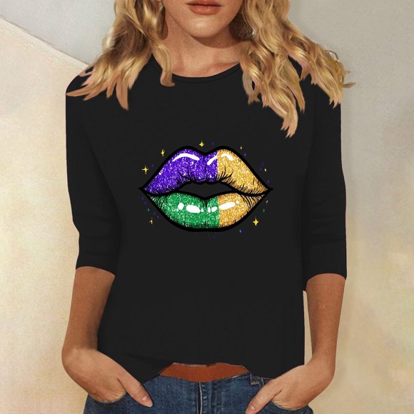 Nuoqisi Carnival Celebration Printed Tee - Ladies' Casual Round Neck 3/4 Sleeve Loose T-Shirt for Festival Parades, Costume Parties, Colorful Street Style Wear & Masquerade Themed Outfits