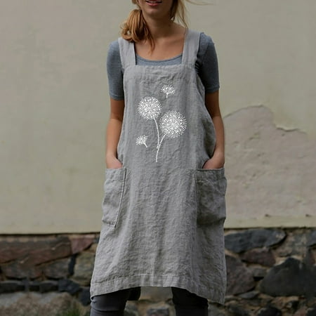 

Women Casual Loose Dandelions Print Pocket Irregular Stitching Apron Type Cotton And Linen Dress