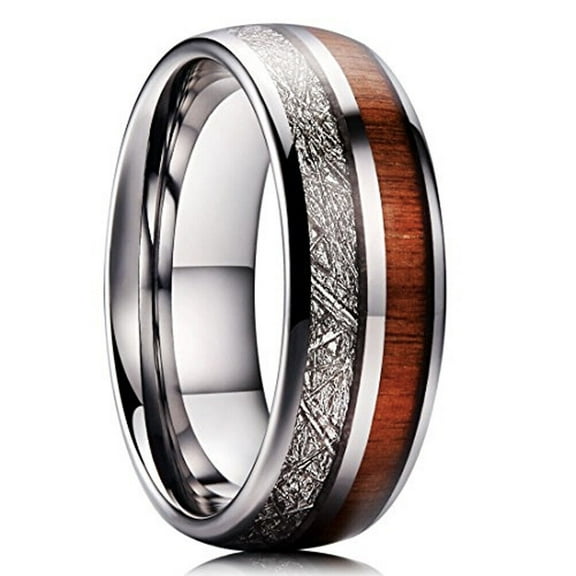 Wedding Rings Men Women. 8mm Silver Tungsten Wedding Band Wood & Meteorite