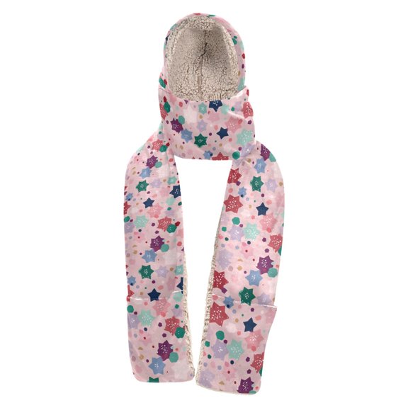 BZSMCE 3‑in‑1 Hooded Scarf with Pockets Soft Plush Lined Winter Hat Scarf Gloves Combo Pastel Star Confetti Print Warm Neck Wrap for Outdoor Skiing Walking