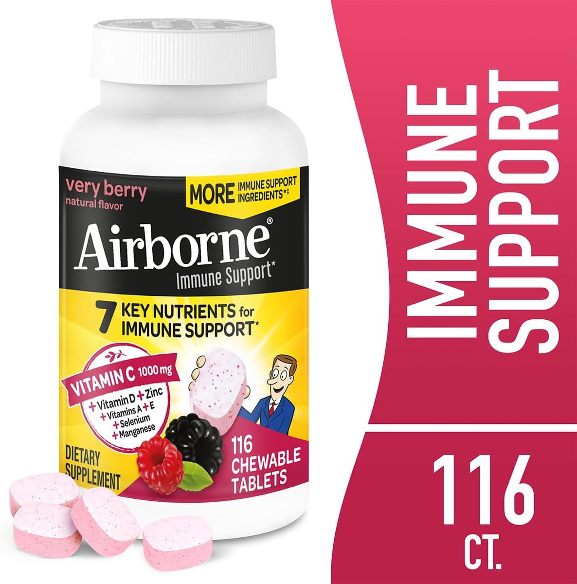 Airborne Berry Chewable Tablets 1000mg of Vitamin C - Immune Support Supplement 11 116 Each - (Pack of 2)