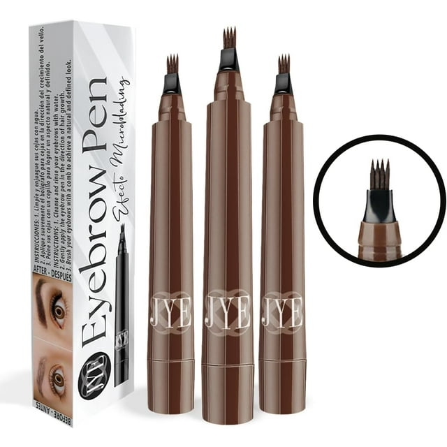 JYE Plumón para Cejas Efecto Microblading, Dibujo pelo a pelo, Impermeable, Larga duración, Maquillaje para cejas. 3 Piezas CAFE OSCURO