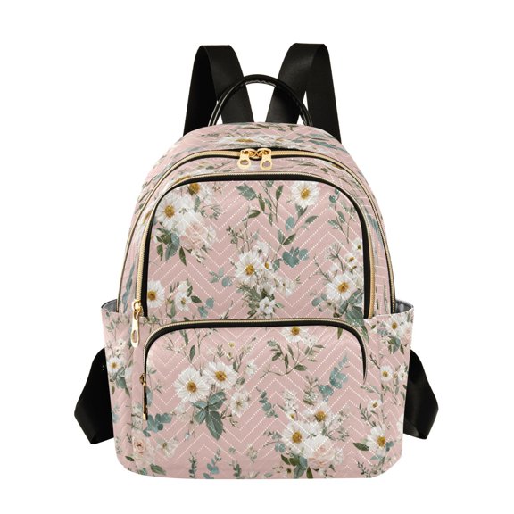 Fashion Quilted Backpack for Women Lightweight Travel Daypack Casual Bag for Shopping Travel Small White and Pink Flowers S