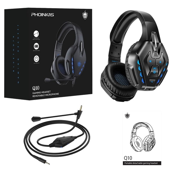 PHOINIKAS Gaming Headset for PS5, PS4, PC, Xbox one Headset with 7.1 Stereo Sound, Bluetooth Wireless Headset for Phone, Over Ear Headphones with Noise Cancelling Detachable Mic, Bluetooth Up to 40h