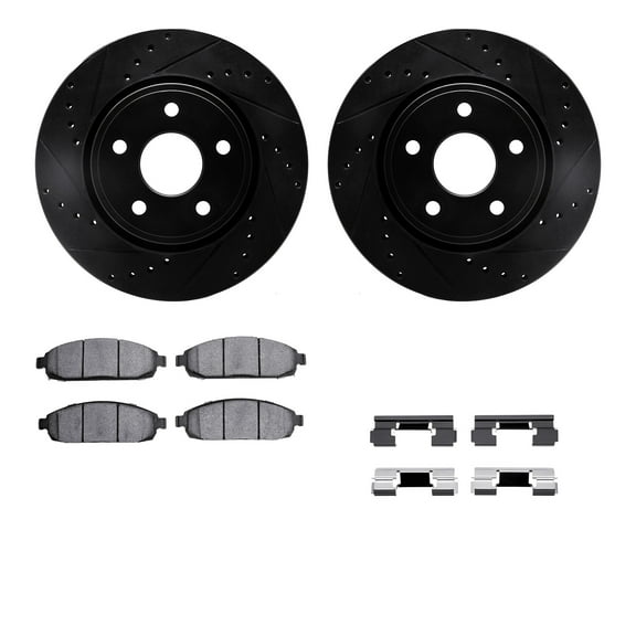 Dynamic Friction Company Front Brake Rotors-Drilled and Slotted-Black with Ultimate Duty Performance Brake Pads includes Hardware 8412-42001