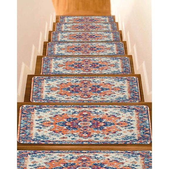 Boho Orange Blue Stair Treads for Wooden Steps Indoor Runner Rug Carpet, Boho Vintage Geometric Art Ethnic 4 Pieces Peel and Stick Staircase Step Treads Covers Washable Throw Door Mats, 30"x8"