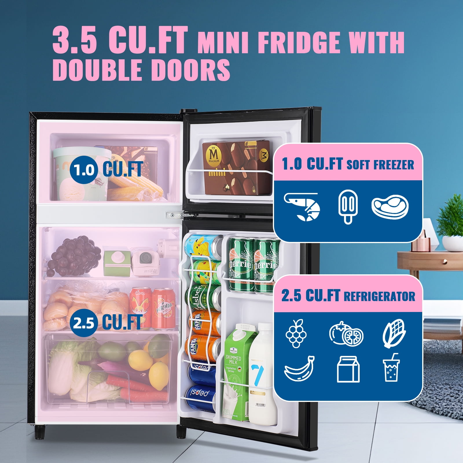 WANAI 3.5 Cubic feet Small Refrigerator with Freezer on Top Double Door Mini Fridge New Black