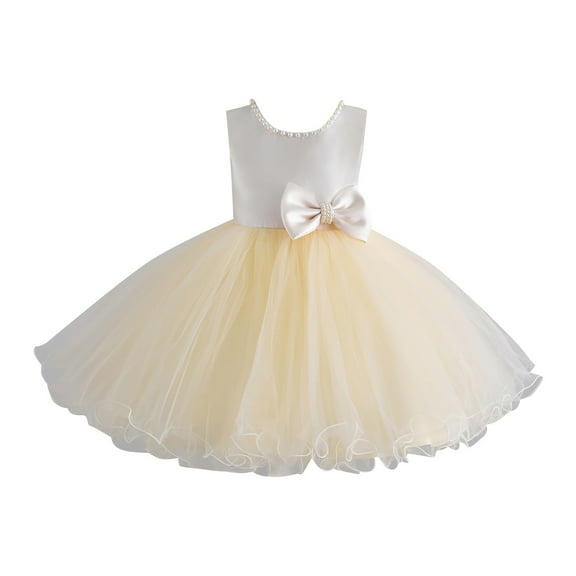 Bearichfupo Pageant Party Dress Long Princess Wedding Round Collar Pearl Set Sleeveless Front And Back Bow A Line Dress For 2 To 8 Years, Sizes 5-6 Years
