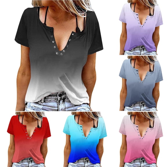 YHAJDS Top for Women Short Sleeve Shirt Womens Tops Short Sleeve Ombre Print Round Neck Snap Button Casual Tee