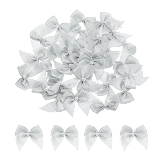 Uxcell 40Pcs Mini Silver Ribbon Bow with Pearl 1" Ribbon Flowers Applique for Craft DIY Decoration
