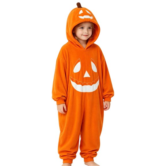 YunPes Unisex Kids Funny Pumpkin Onesie Boys Girls Cozy Flannel Fall Winter Hooded Jumpsuit Halloween Holiday Party Dress-Up