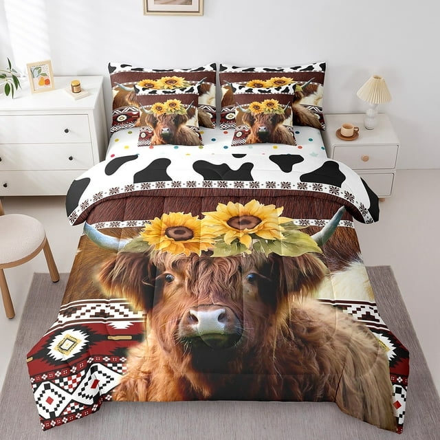Highland Cow Comforter Set 7 Piece Bed in a Bag Twin,Sunflower Bedding Sets Patchwork Cow Print Cowhide Sheet Set with Comforter Geometry Aztec Western Decor for Home