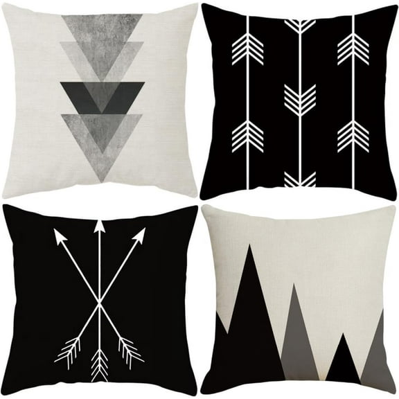 Throw Pillow Covers Black and White Pillow Cases Set of 4 Arrow Mountain 18x18 Decorative Square Zippered Cotton Linen Cushion Cover Room Sofa Decor