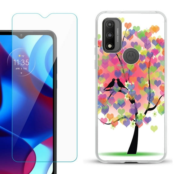 Slim-Fit Gel TPU Phone Case for Motorola Moto G Pure, with Tempered Glass Screen Protector, by OneToughShield ® - Color Hearts Tree