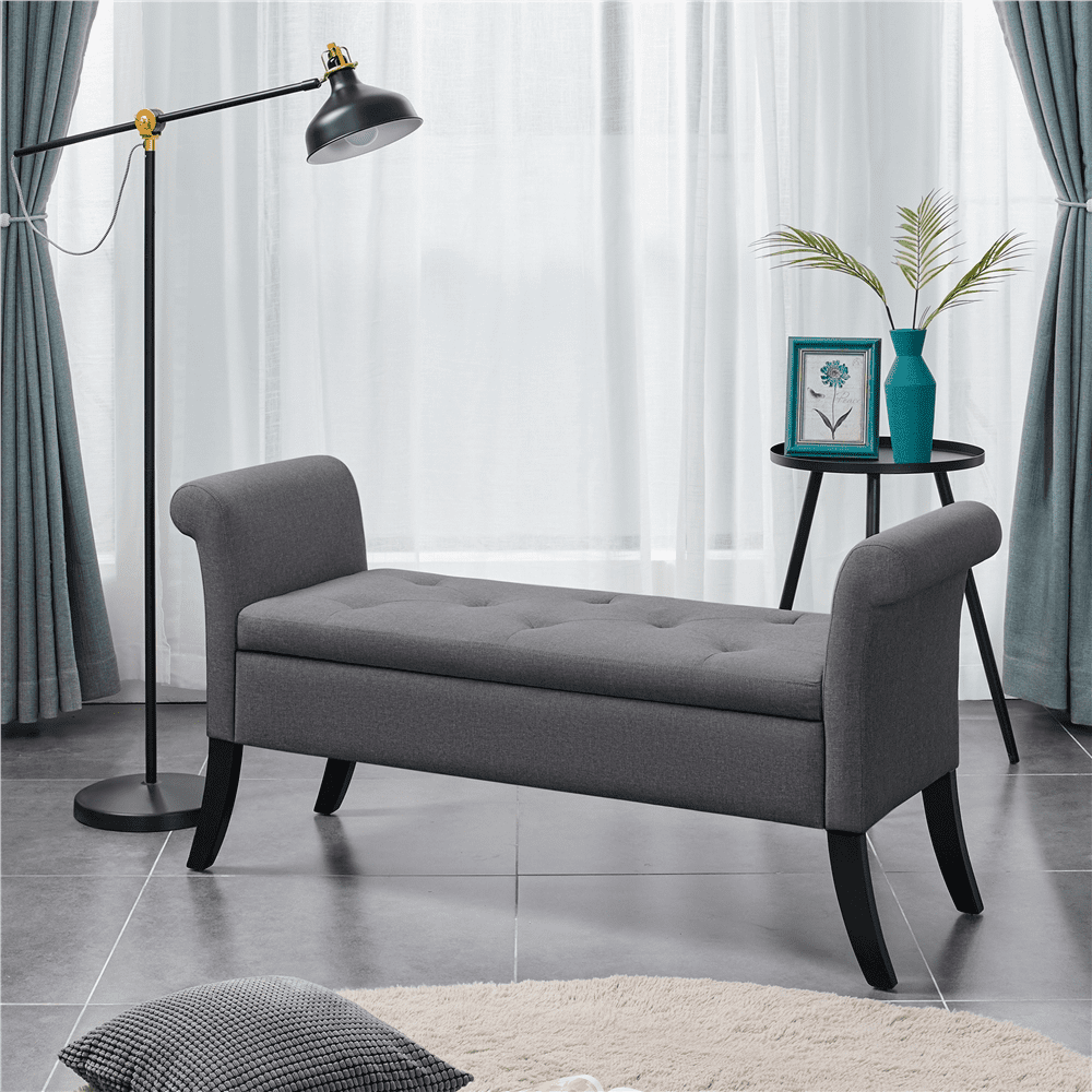 Yaheetech Modern Fabric Tufted Storage Bench Cushioned Ottoman Bench with Rolled Arms, Dark Gray