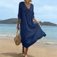 thumbnail image 5 of Dresses for Women Plus Size Summer Boho Casual V-Neck Loose 3/4 Sleeve Solid Color Hollow Out Beach Vacation Sundresses, 5 of 9