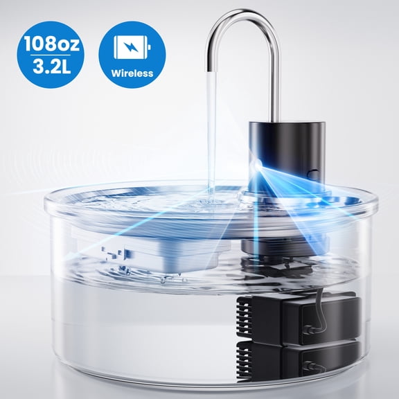 FURCLAN 108oz/3.2L Cordless Glass Cat Water Fountain, Ultra-Quiet Battery Operated Pet Water Dispenser with Motion Sensor, Smart Elegant Easy to Clean Glass Pet Water Fountain for Cats Dog