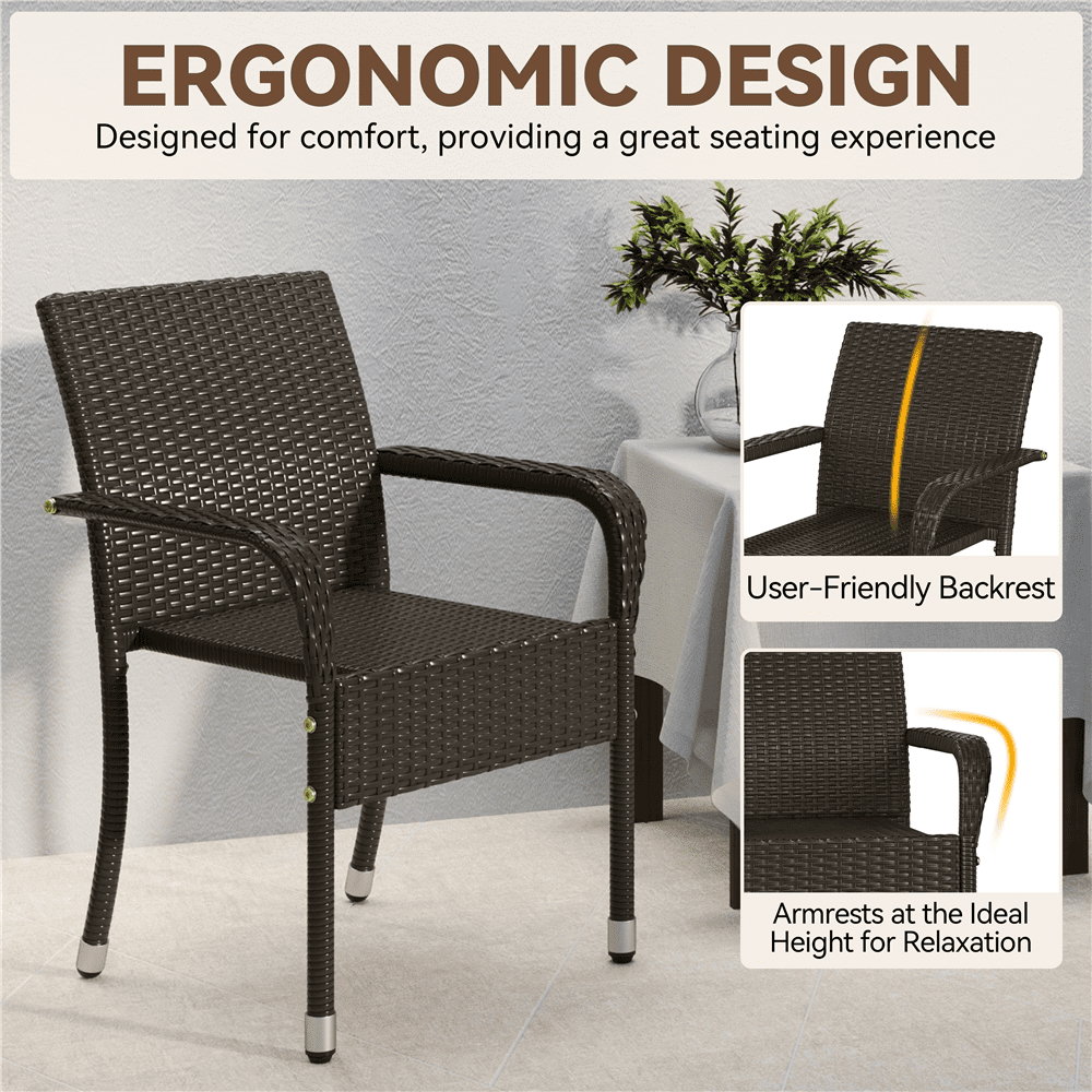 Renwick Outdoor PE Rattan Chair with Armrests and Adjustable Footpads, Set of 2, Brown