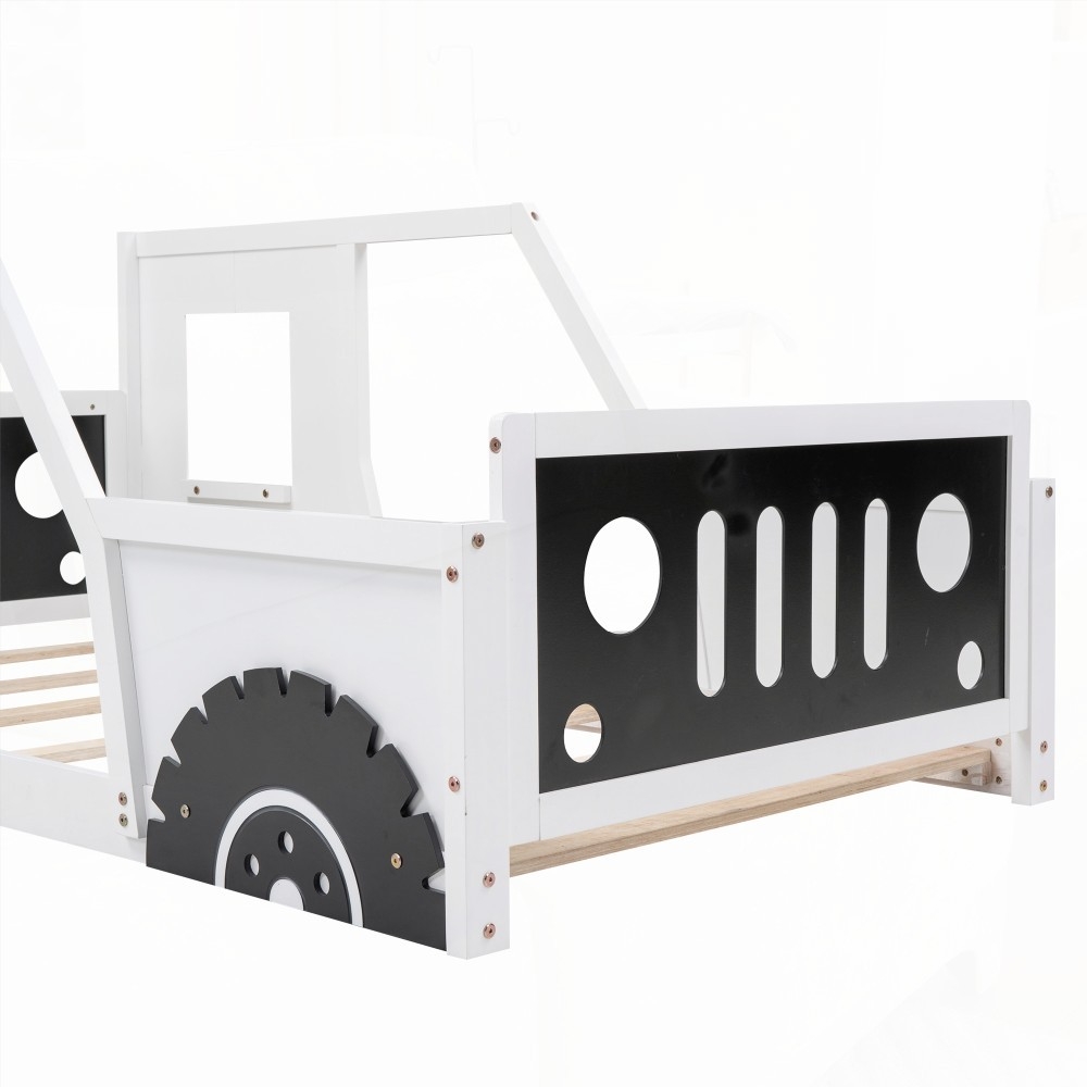 Twin Size | Fun Car Design Bed on Wheels & MDF Frame - White