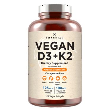 Amandean Vegan D3 K2. Vitamin D3 5000 iu from Algae. All-Trans MK-7 K2. 120 Softgels. Plant-Based & Carrageenan Free. Organic Coconut Oil Blend. Vit D   K for Mood, Bones, Heart, Immune Health.