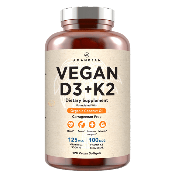 Amandean Vegan D3 K2. Vitamin D3 5000 iu from Algae. All-Trans MK-7 K2. 120 Softgels. Plant-Based & Carrageenan Free. Organic Coconut Oil Blend. Vit D   K for Mood, Bones, Heart, Immune Health.