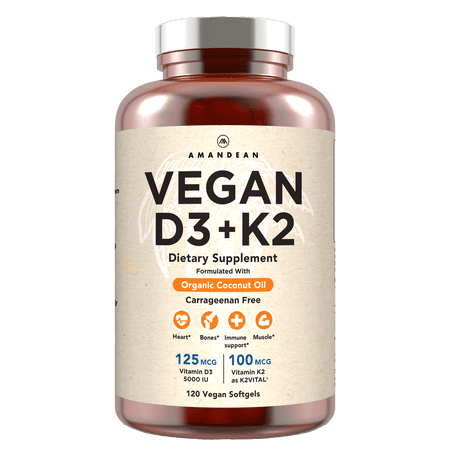 Amandean Vegan D3 K2. Vitamin D3 5000 iu from Algae. All-Trans MK-7 K2. 120 Softgels. Plant-Based & Carrageenan Free. Organic Coconut Oil Blend. Vit D + K for Mood, Bones, Heart, Immune Health.