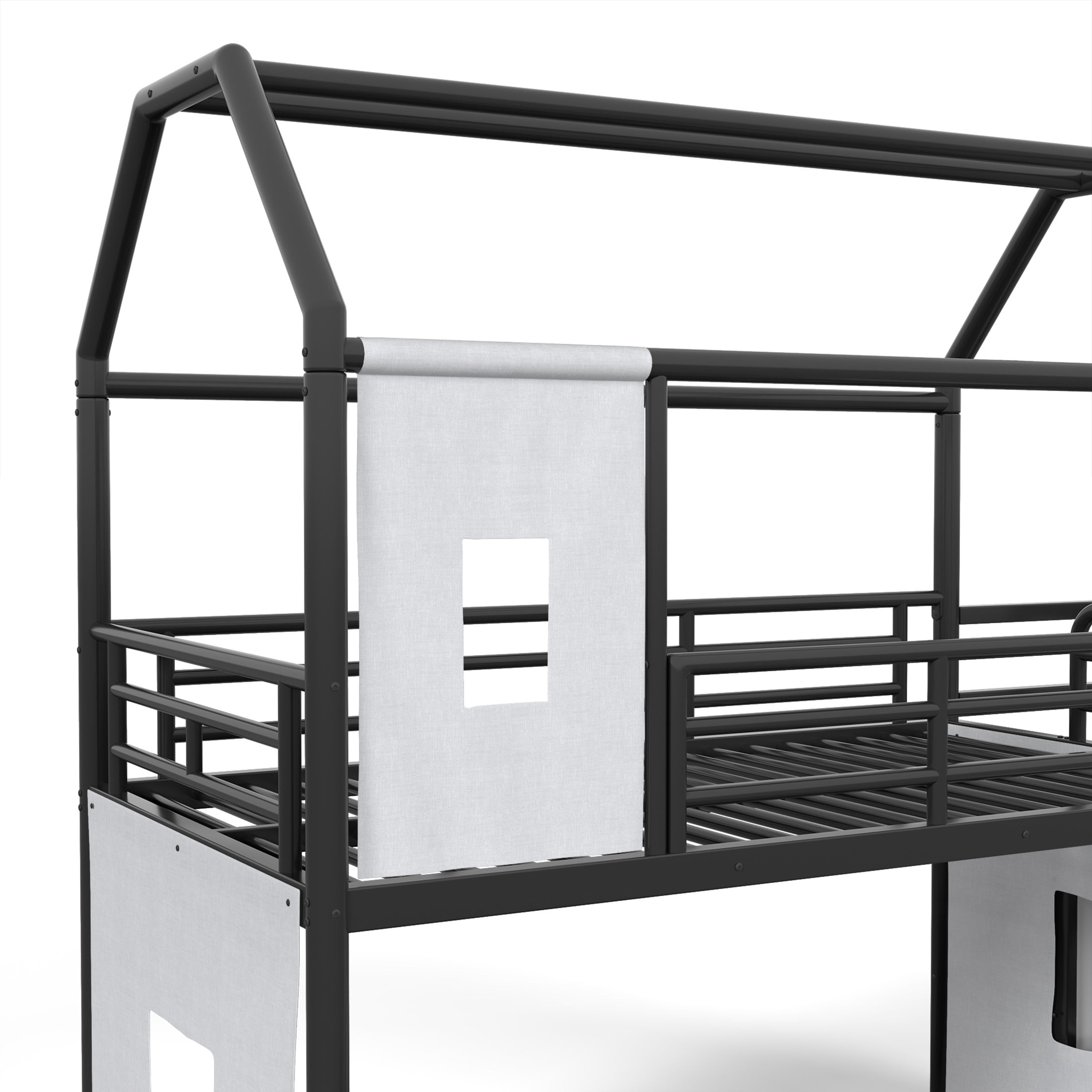 GDF Studio Twin over Full Playhouse Bunk Bed with Slide, Ladder, LED Light, Cabinet & Curtain Rod, Black