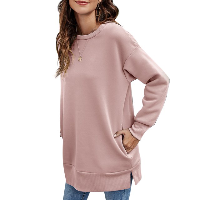 Moda mujer Sudadera con capucha Color sólido O cuello Manga larga Dobladillo dividido Casual Otoño I Abanopi Rosa/Grande