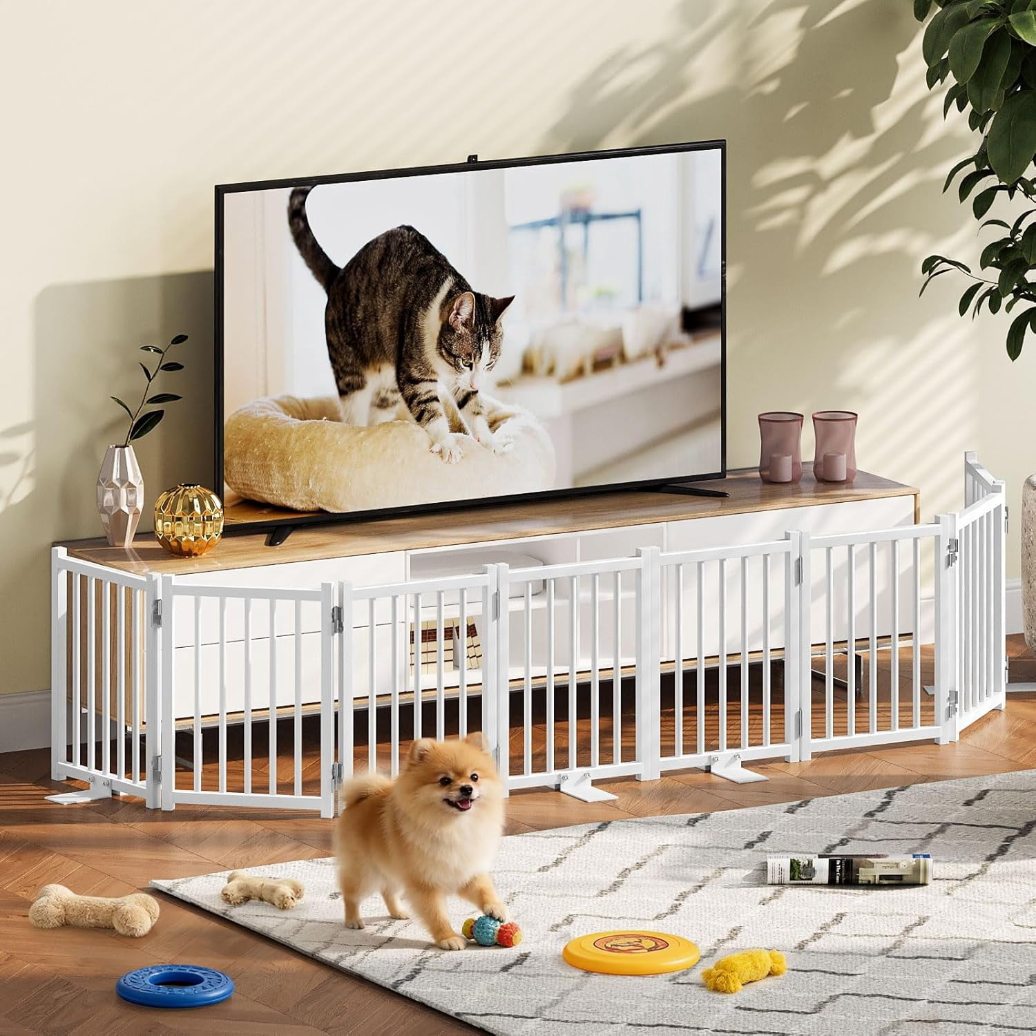 2 Pack Short Dog Gate Indoor, 16" High Freestanding Small Dog Gates with Support Feet, Expand Up to 48’’Wide Foldable Pet Gate for Doorway, 8 Panel Pet Door Pet Fence for Puppy, White
