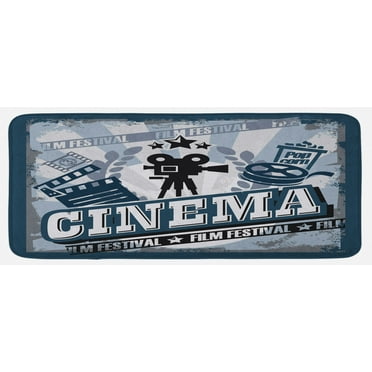 Movie Theater Kitchen Mat, Vintage Cinema Poster Design Grunge Effect and Old Fashioned, Plush Decorative Kitchen Mat with Non Slip Backing, 47" X 19", Blue Black Grey, by Ambesonne