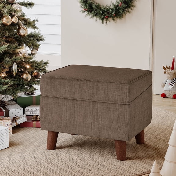 FAGAGA Large Footstool Ottoman, Foot Stool with Adjustable Cover for Living Room, Step Stool Ottoman with Storage, Upholstered Linen Foot Rest for Bedroom, Dorm | Brown