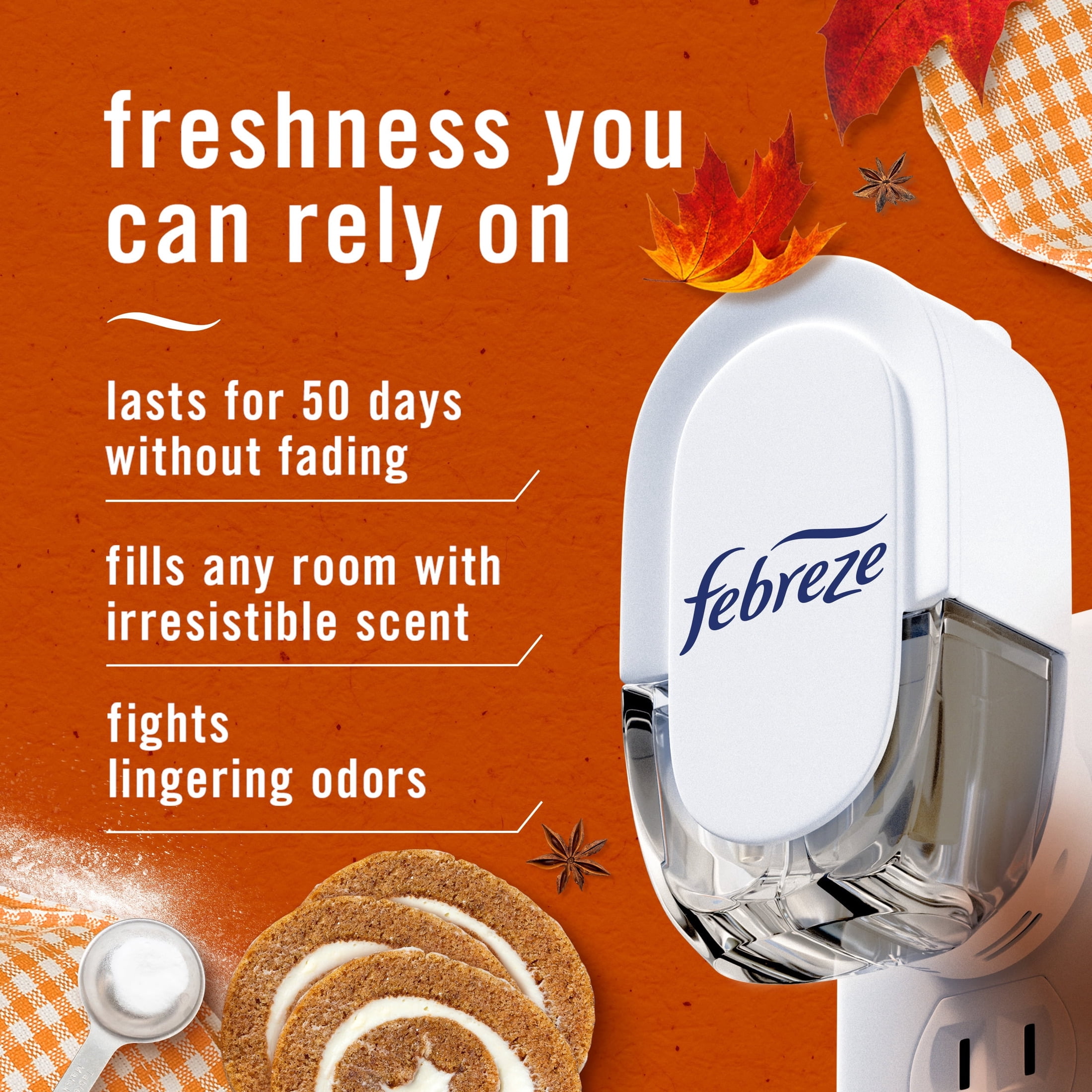 (6 pack) Febreze Plug In Air Freshener, Odor-Fighting Scented Oil Refill, Pumpkin Roll, 2 Refill