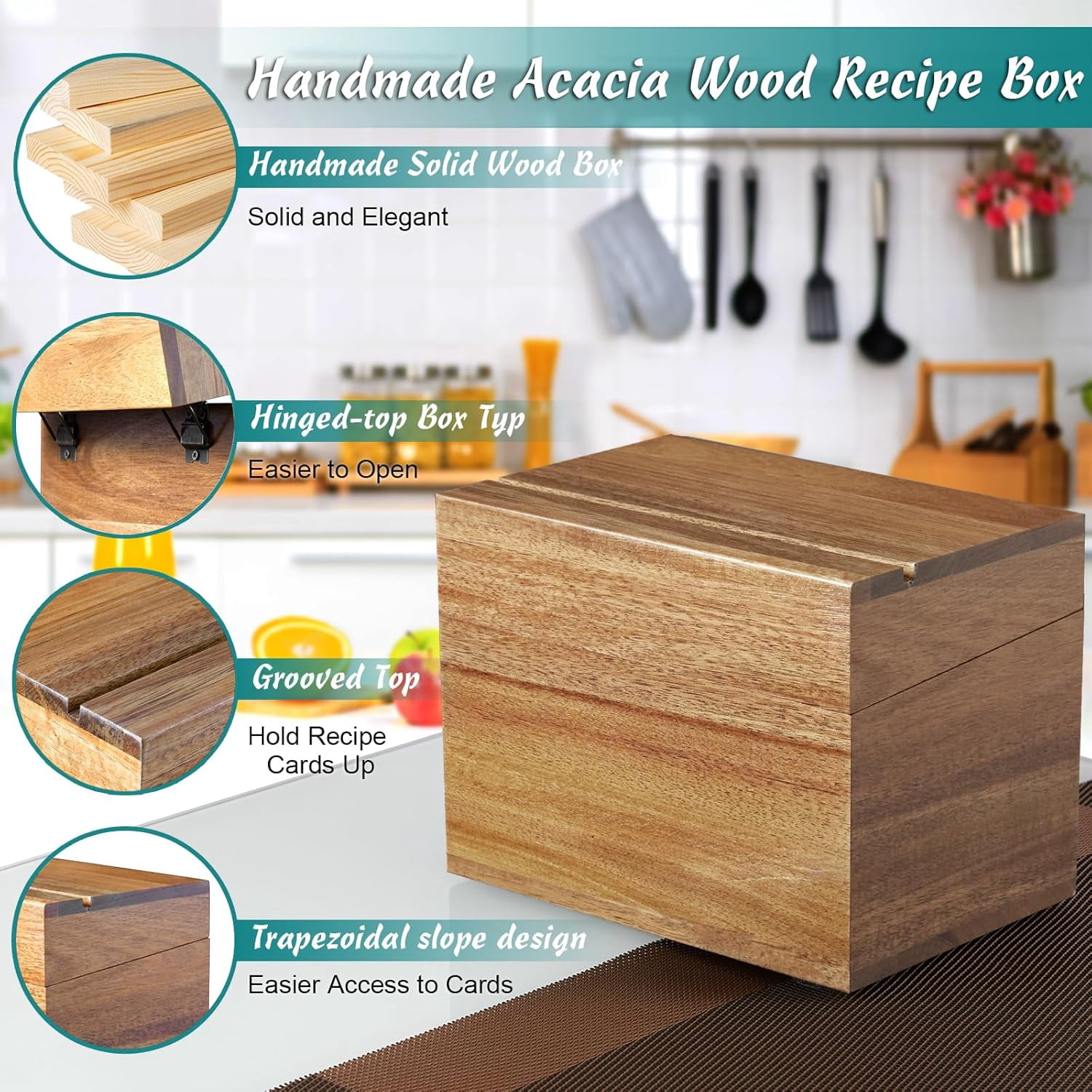 MHSIOAP-Recipe Card Box, Acacia Recipe Holder 4x6, Recipe Organizer with 50 Cards and 6 Dividers, Index Card Box, Wooden Box for Kitchen Countertop