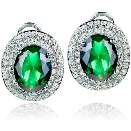ELYA Sterling Silver Emerald Green Oval CZ Double Halo Earrings