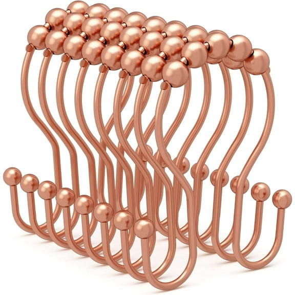 GCASLK-Rose Gold Shower Curtain Hooks Rust Proof Shower Curtain Rings Balanced Smooth Glide Double Shower Curtain Hooks, Shower Hooks for Shower Curtain Liner Bathroom Shower Rod Hook 12 Pcs