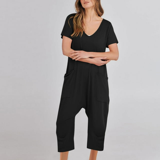 Combinaisons pour Femmes, Mode Femmes Combinaison Décontractée à Manches Courtes Combinaisons Unies Pantalon à Jambes Larges avec Poches