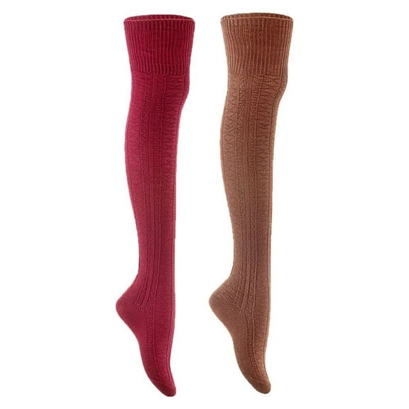 Lian Style Women's 2 Pairs Long Lasting, Colorful and Fancy Thigh High Over the Knee High Cotton Socks JMYP1025 Size 6-9 Wine, Coffee