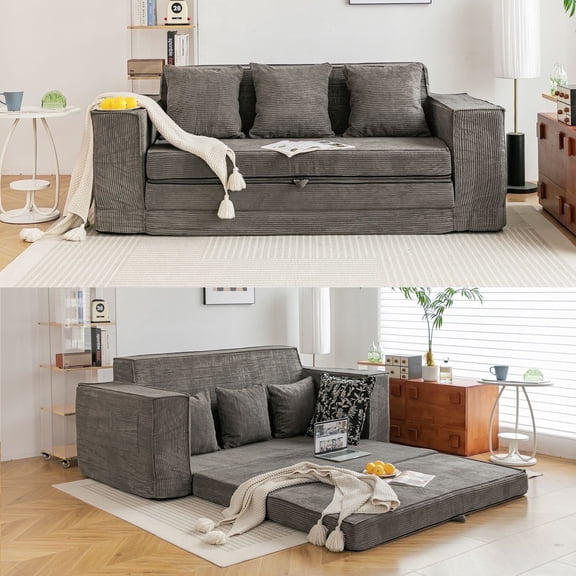 Vicluke Memory Foam 3 Seater Sofa Couch, Convertible Sleeper Sofa Bed w/Corduroy Fabric, Side Pockets, Foldable Upholstered Compressed Sofa Bed for Living Room, Apartment No Assembly Required (Grey)