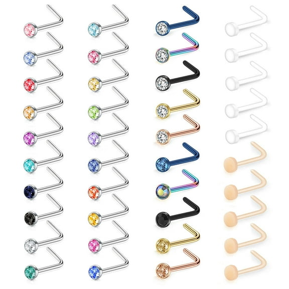 ZS 40Pcs/Set 20g Mix Color Cubic Zircon Nose Ring Piercing Round Crystal Nostril Piercing Nose Bone/L Shaped/Nose Screws Nose Stud Piercing
