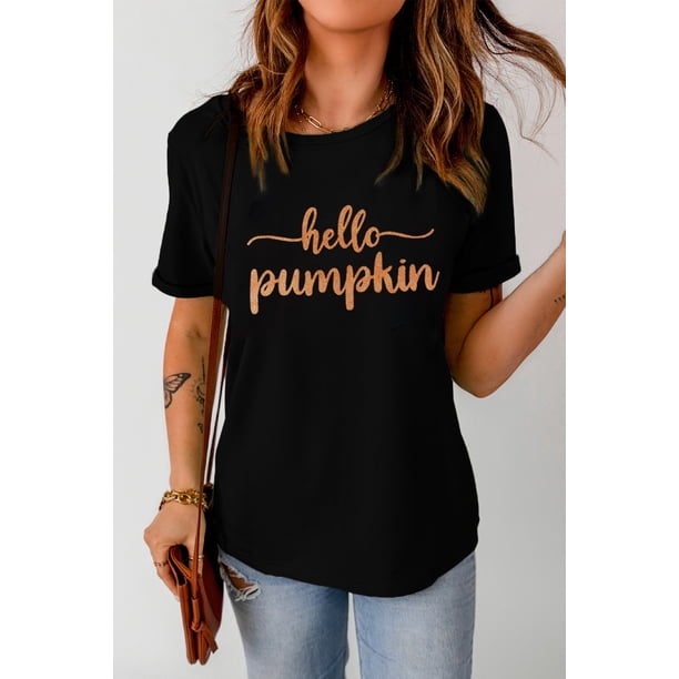 ABPHQTO Camiseta negra con gráfico de cuello redondo con estampado de purpurina Hello Pumpkin para mujer