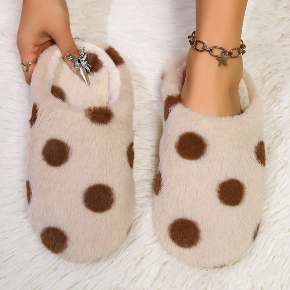 Women Polka Dot Fuzzy Faux Fur Closed Toe Slide House Slippers Warm Indoor Bedroom Slippers Khaki 6.5-7
