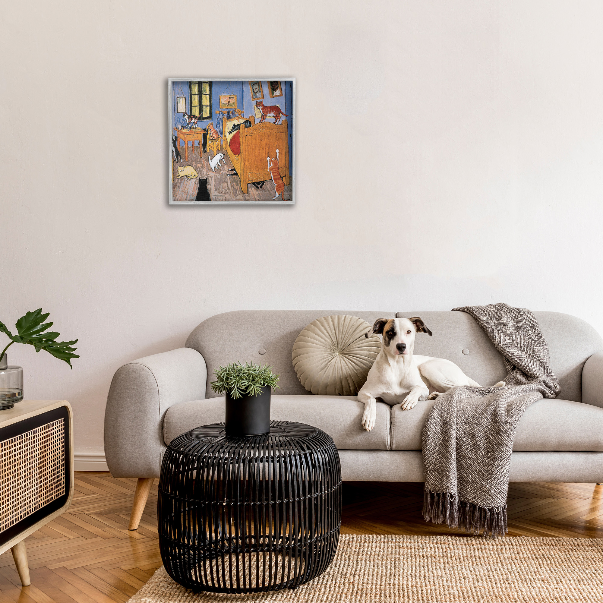 Stupell Industries Cats in Bedroom Classics Parody Animals & Insects Painting Gray Framed Art Print Wall Art, 24 x 24