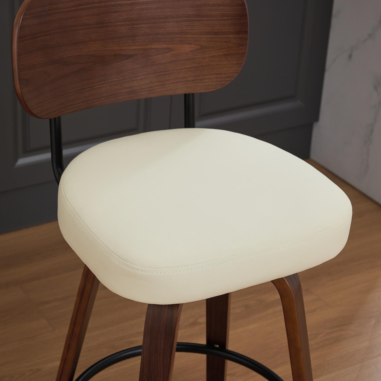 Demi Bonn 35" Swivel Bar Stools Set of 2 with Upholstered Faux Leather， Walnut Back & Bentwood Legs, Counter Height Stools for Kitchen or Bar Seating, Beige