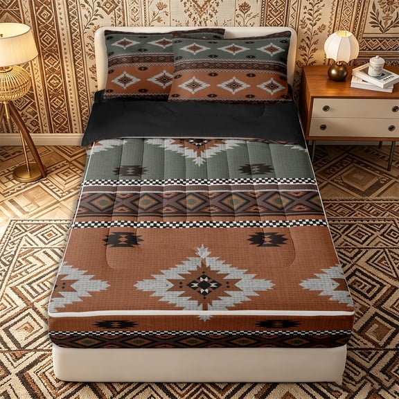 Erosebridal Southwestern Geometric Pattern Zipper Twin Comforter Sets with Fitted Sheet and 2 Pillowcases,Aztec Stripe Print Zipper Bedding Set,Green Brown,Black Reversible